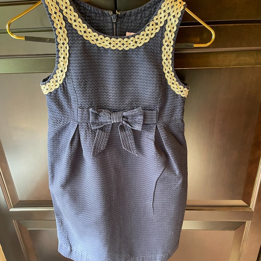 Lilly Pulitzer Girls Size 12 Navy Blue Gold Detailing Bow Dress
